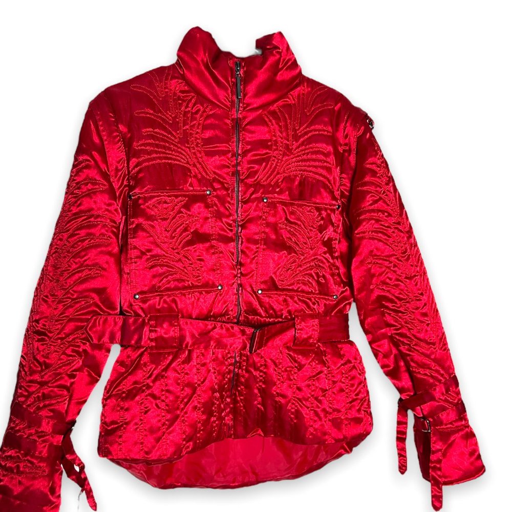 Women's Red silk embroidered bomber jacket with adjustable silk buckles
